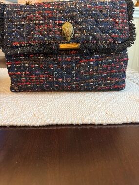 Kurt Geiger Multicolor Navy Tweed Clutch with Gold Hardware